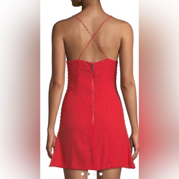 NWT Alice + Olivia Daria Ruched Poppy Red Silky Cotton Swiss Dot Mini Dress - Picture 2 of 5